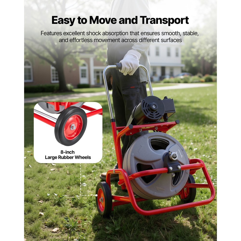 VEVOR Drain Cleaner Machine 22m x 9.5mm, Sewer Snake Auger on Wheels, Manual Feed Drain Cleaning Machine with Adjustable Drum Angle, 6 Cutters & Air-activated Foot Switch for 50mm to 100mm Pipes