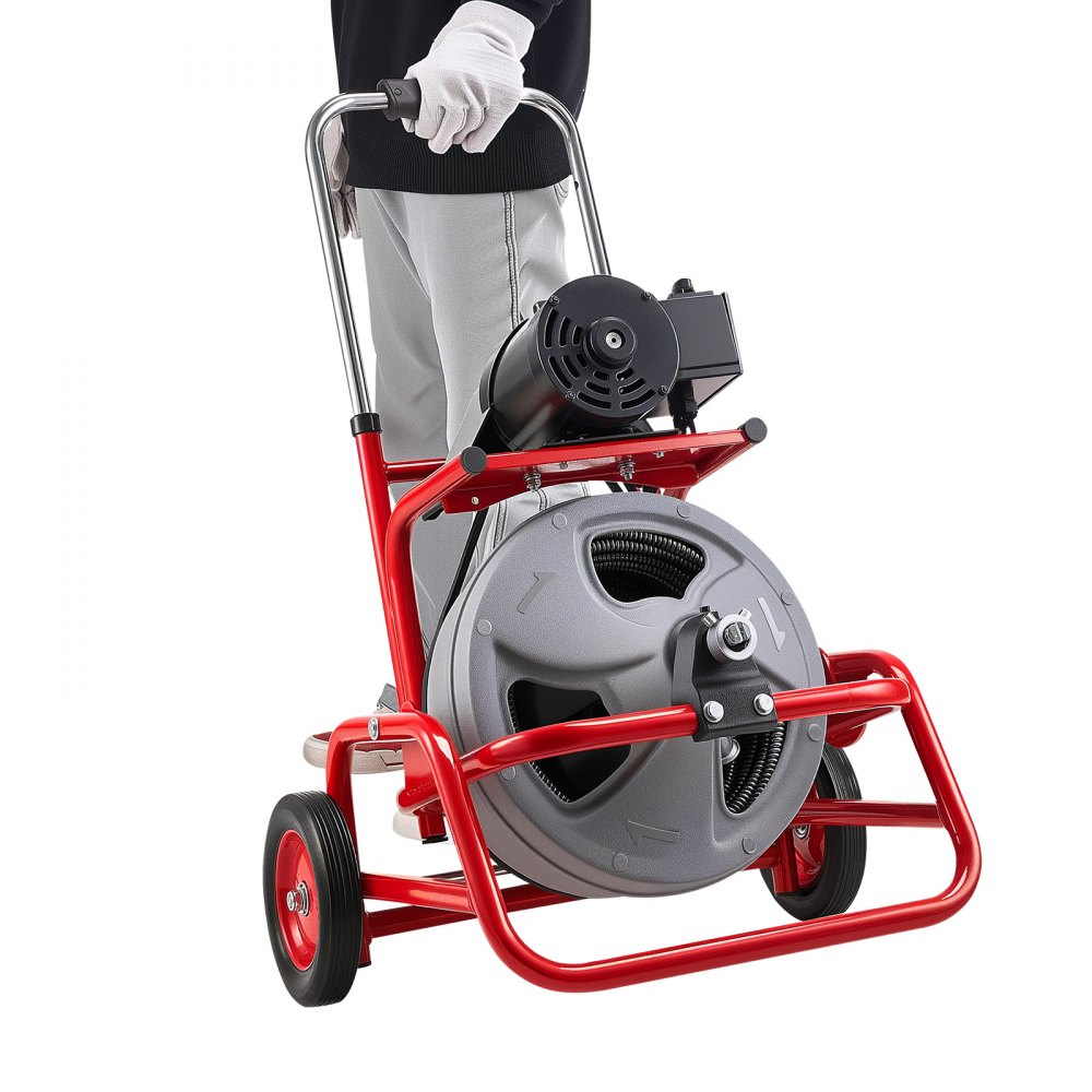 VEVOR Drain Cleaner Machine 22m x 9.5mm, Sewer Snake Auger on Wheels, Manual Feed Drain Cleaning Machine with Adjustable Drum Angle, 6 Cutters & Air-activated Foot Switch for 50mm to 100mm Pipes