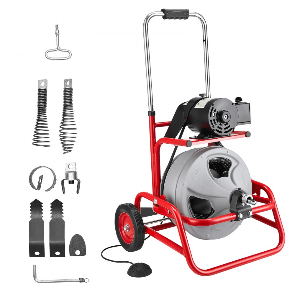 VEVOR Drain Cleaner Machine 22m x 9.5mm, Sewer Snake Auger on Wheels, Manual Feed Drain Cleaning Machine with Adjustable Drum Angle, 6 Cutters & Air-activated Foot Switch for 50mm to 100mm Pipes