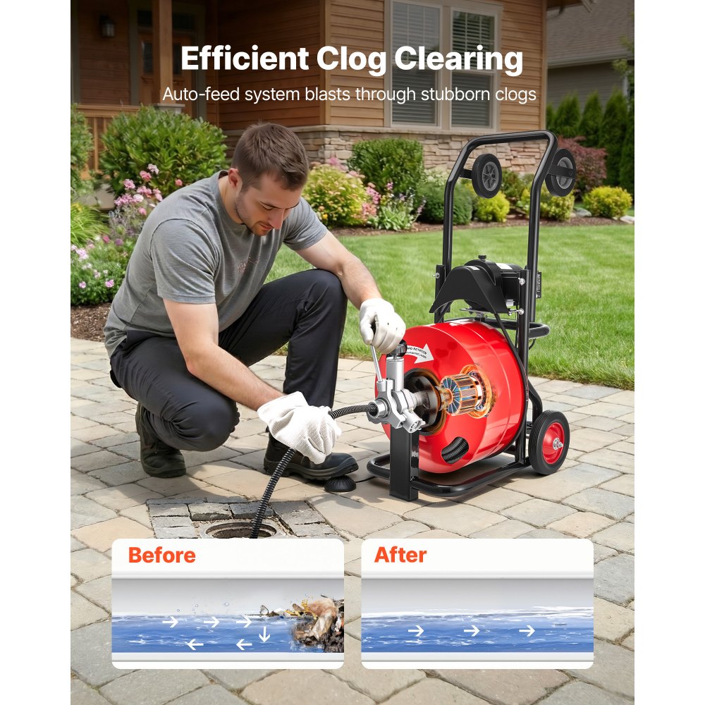VEVOR Drain Cleaner Machine 30m x 19mm, Auto Feed Sewer Snake Auger, Portable Drain Cleaning Machine with Multi-Wheel Combination, 6 Cutters & Air-Activated Foot Switch for 100mm to 200mm Pipes