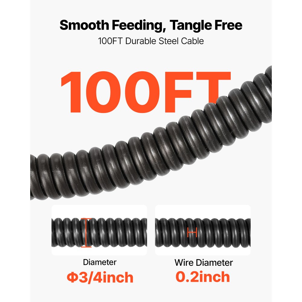 VEVOR Drain Cleaner Machine 30m x 19mm, Auto Feed Sewer Snake Auger, Portable Drain Cleaning Machine with Multi-Wheel Combination, 6 Cutters & Air-Activated Foot Switch for 100mm to 200mm Pipes