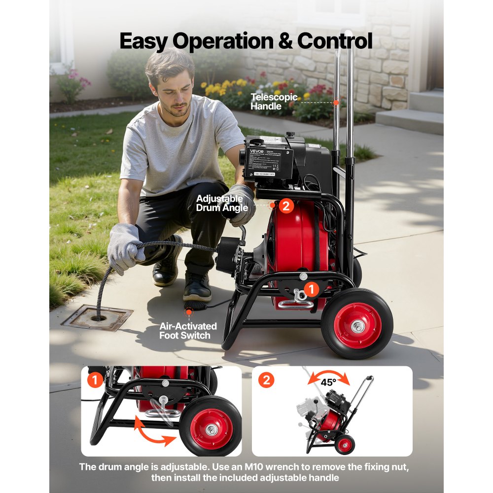 VEVOR Drain Cleaner Machine 22m x 12.7mm, Auto Feed Sewer Snake Auger, Portable Drain Cleaning Machine with Climbing Wheels, Adjustable Drum, 8 Cutters & Foot Switch for 50mm to 150mm Pipes