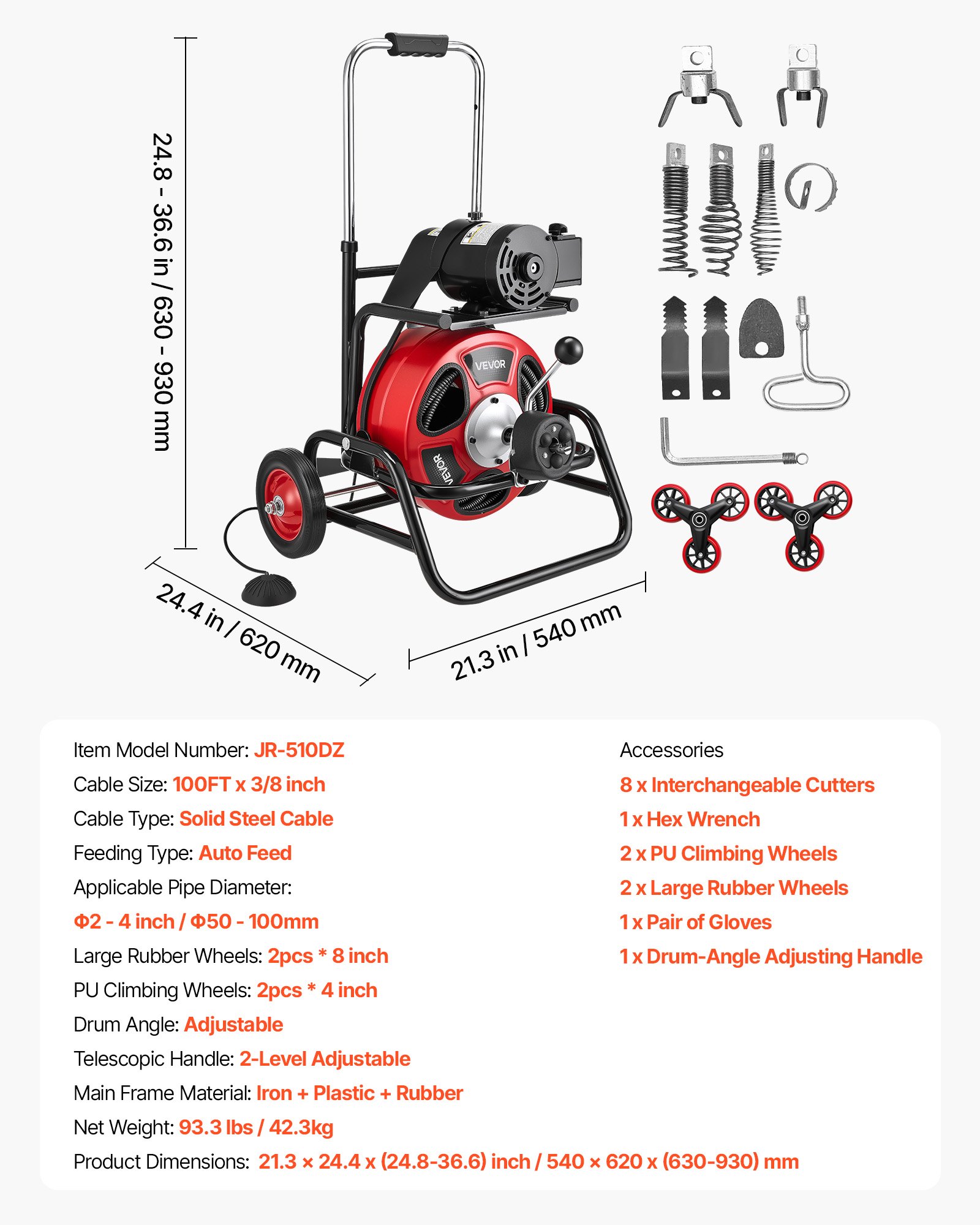VEVOR Drain Cleaner Machine 30m x 9.5mm, Auto Feed Sewer Snake Auger, Portable Drain Cleaning Machine with Climbing Wheels, Adjustable Drum, 8 Cutters & Foot Switch for 50mm to 100mm Pipes