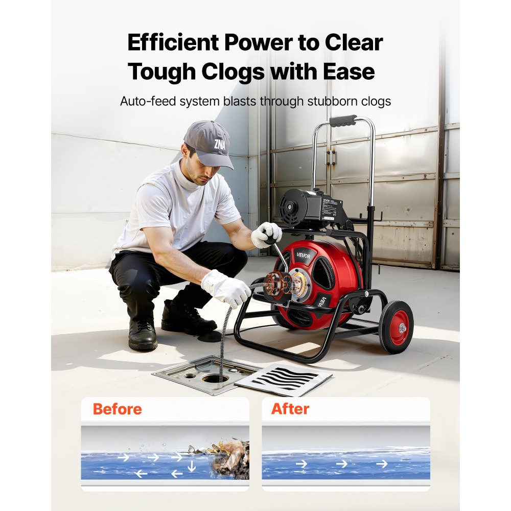 VEVOR Drain Cleaner Machine 100 FT x 1/2 Inch, Auto Feed Sewer Snake Auger, Portable Drain Cleaning Machine with Climbing Wheels, Adjustable Drum, 8 Cutters & Foot Switch for 2" to 6" Pipes