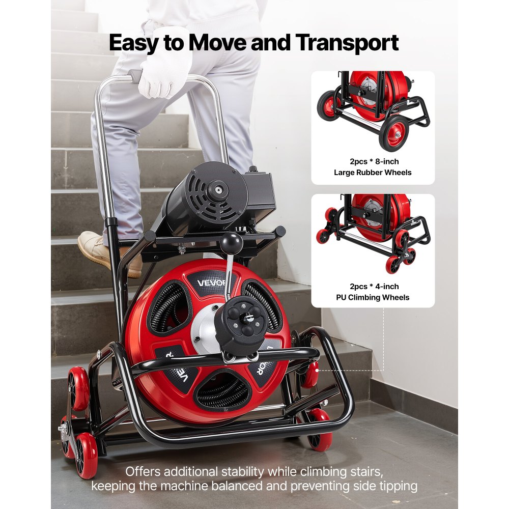 VEVOR Drain Cleaner Machine 30m x 12.7mm, Auto Feed Sewer Snake Auger, Portable Drain Cleaning Machine with Climbing Wheels, Adjustable Drum, 8 Cutters & Foot Switch for 50mm to 150mm Pipes
