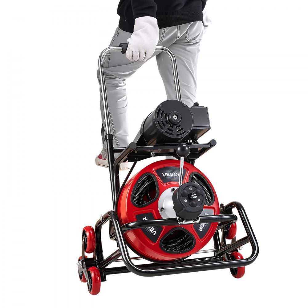 VEVOR Drain Cleaner Machine 30m x 12.7mm, Auto Feed Sewer Snake Auger, Portable Drain Cleaning Machine with Climbing Wheels, Adjustable Drum, 8 Cutters & Foot Switch for 50mm to 150mm Pipes