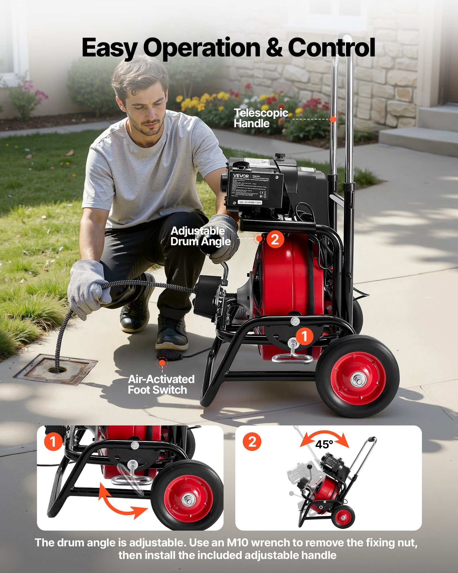 VEVOR Drain Cleaner Machine 30m x 12.7mm, Auto Feed Sewer Snake Auger, Portable Drain Cleaning Machine with Climbing Wheels, Adjustable Drum, 8 Cutters & Foot Switch for 50mm to 150mm Pipes