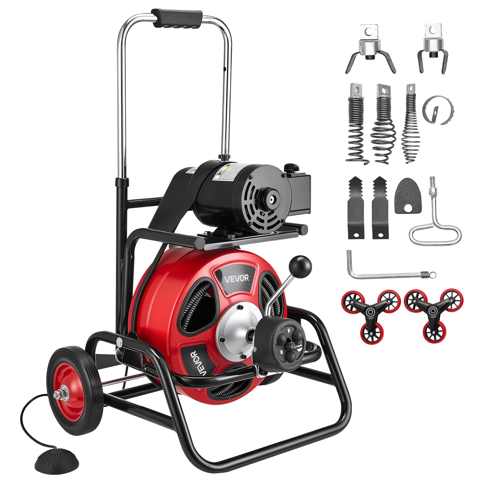 VEVOR Drain Cleaner Machine 30m x 12.7mm, Auto Feed Sewer Snake Auger, Portable Drain Cleaning Machine with Climbing Wheels, Adjustable Drum, 8 Cutters & Foot Switch for 50mm to 150mm Pipes