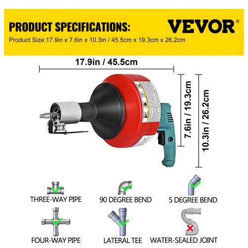 VEVOR Electric Drain Auger Cleaner, 26 ft x 1/3 in Cable Sewer Snake Machine with Gloves, Portable Plumbing Tool for Unclogging 0.8 to 2.6 inch Pipes at Sinks/Tubs/Toilets/Kitchen, 700W Red