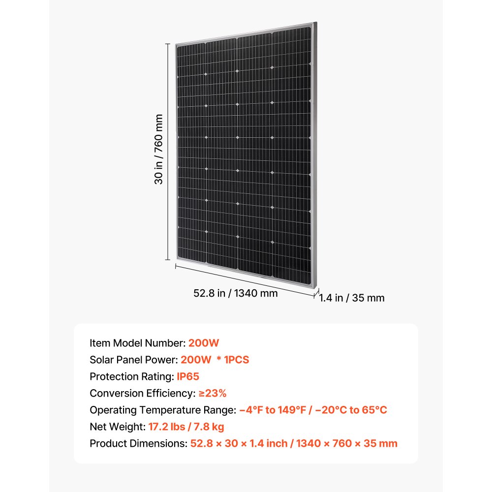 VEVOR 200W Monocrystalline Solar Panel, 23% High-Efficiency Mono PV Module with Stable MC4 Output & Aluminum Frame, IP65 Waterproof Solar Panel for Car Boat RV Flat Rooftop Off-Grid Applications