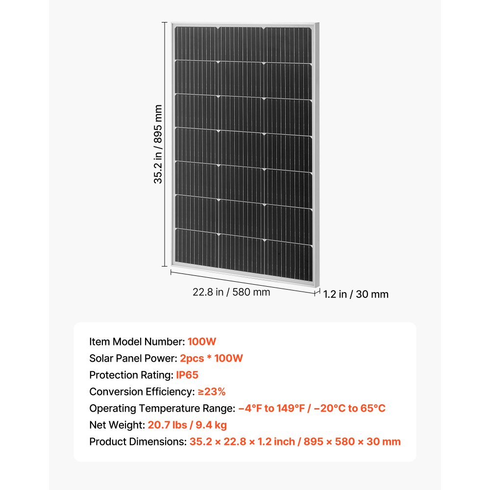 VEVOR 2PCS 100W Monocrystalline Solar Panels, 23% High-Efficiency Mono PV Module with Stable MC4 Output & Aluminum Frame, IP65 Waterproof Solar Panel for Car Boat RV Flat Rooftop Off-Grid Applications