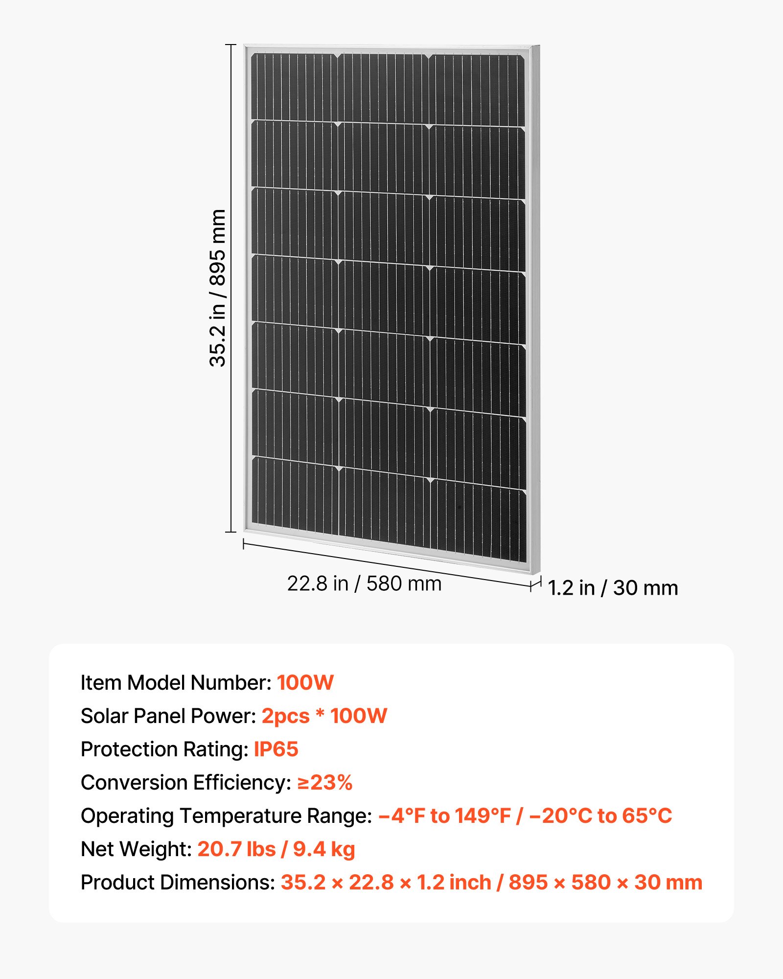 VEVOR 2PCS 100W Monocrystalline Solar Panels, 23% High-Efficiency Mono PV Module with Stable MC4 Output & Aluminum Frame, IP65 Waterproof Solar Panel for Car Boat RV Flat Rooftop Off-Grid Applications