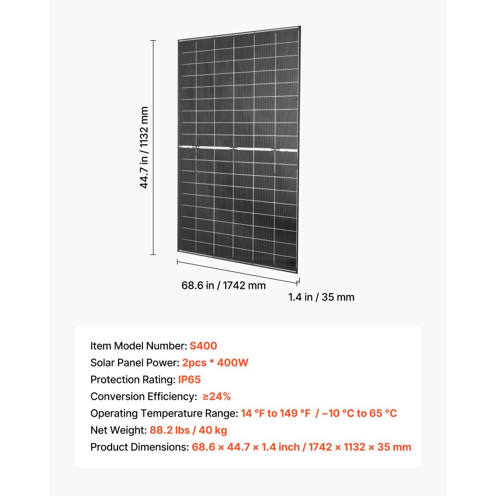 VEVOR 2PCS 400W Bifacial Solar Panels, 16BB N-Type Monocrystalline PV Module 24% Efficiency, IP65 Waterproof Solar Panel with MC4 Output & Aluminum Frame for Car Boat RV Flat Rooftop Off-Grid