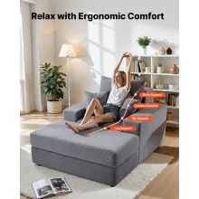 VEVOR Chaise Lounge Chair, 44 in Boneless Modular Chaise Lounge Indoor, Oversized Corduroy Reading Chair with Throw Pillows & Armrests, Deep Seat Sofa Couch Sleeper for Living Room, Bedroom, Grey