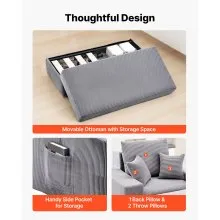 VEVOR Chaise Lounge Chair, 44 in Boneless Modular Chaise Lounge Indoor, Oversized Corduroy Reading Chair with Throw Pillows & Armrests, Deep Seat Sofa Couch Sleeper for Living Room, Bedroom, Grey