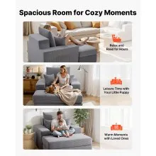 VEVOR Chaise Lounge Chair, 44 in Boneless Modular Chaise Lounge Indoor, Oversized Corduroy Reading Chair with Throw Pillows & Armrests, Deep Seat Sofa Couch Sleeper for Living Room, Bedroom, Grey