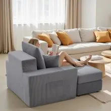 VEVOR Chaise Lounge Chair, 44 in Boneless Modular Chaise Lounge Indoor, Oversized Corduroy Reading Chair with Throw Pillows & Armrests, Deep Seat Sofa Couch Sleeper for Living Room, Bedroom, Grey