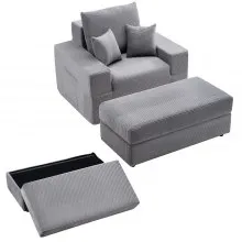 VEVOR Chaise Lounge Chair, 44 in Boneless Modular Chaise Lounge Indoor, Oversized Corduroy Reading Chair with Throw Pillows & Armrests, Deep Seat Sofa Couch Sleeper for Living Room, Bedroom, Grey