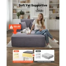 VEVOR Chaise Lounge Chair, 54 in Boneless Chaise Lounge Indoor, Modern Upholstered Oversized Reading Chair with Throw Pillows & Armrests, Sofa Couch Deep Seat Sleeper for Living Room, Bedroom, Grey