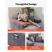 VEVOR Chaise Lounge Chair, 54 in Boneless Chaise Lounge Indoor, Modern Upholstered Oversized Reading Chair with Throw Pillows & Armrests, Sofa Couch Deep Seat Sleeper for Living Room, Bedroom, Grey