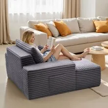 VEVOR Chaise Lounge Chair, 54 in Boneless Chaise Lounge Indoor, Modern Upholstered Oversized Reading Chair with Throw Pillows & Armrests, Sofa Couch Deep Seat Sleeper for Living Room, Bedroom, Grey