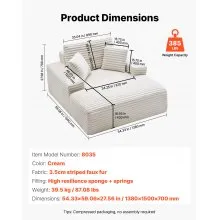 VEVOR Chaise Lounge Chair, 54 in Boneless Chaise Lounge Indoor, Modern Upholstered Oversized Reading Chair with Throw Pillows & Armrests, Sofa Couch Deep Seat Sleeper for Living Room, Bedroom, Beige