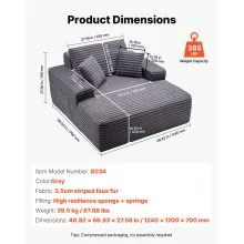 VEVOR Chaise Lounge Chair, 48 in Boneless Chaise Lounge Indoor, Modern Upholstered Oversized Reading Chair with Throw Pillows & Armrests, Sofa Couch Deep Seat Sleeper for Living Room, Bedroom, Balcony