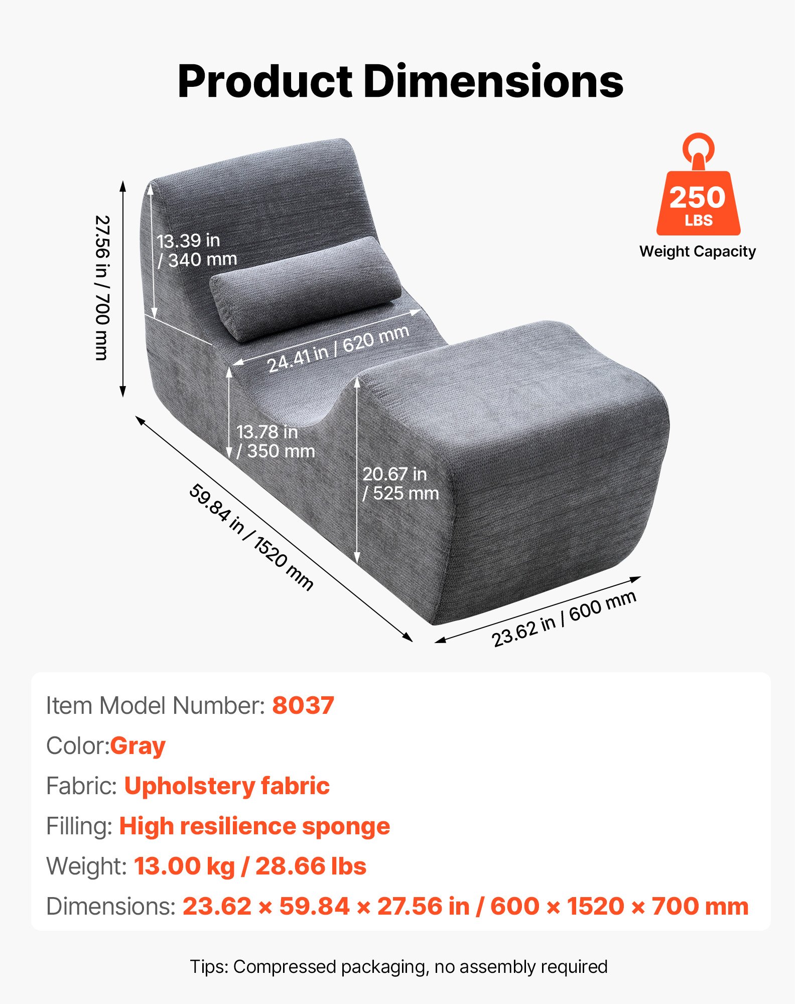 VEVOR Yoga Chair Chaise, Ergonomic Chaise Lounge Chair for Yoga, Modern Boneless Curved Foam Lounge Indoor for Massage, Stretching, Relaxation, Exercise, Used in Living Room, Bedroom, Balcony, Grey