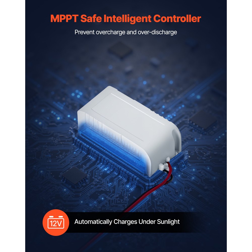 VEVOR 20W 12V napelemes csepptöltő karbantartó, mono napelemes akkumulátortöltő beépített MPPT vezérlővel és állítható tartókonzollal, IP65 vízálló autó, hajó, lakókocsi, utánfutó tetejére