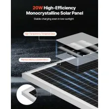 VEVOR 20W 12V Solar Battery Trickle Charger Maintainer, Mono Solar Panel Battery Charger with Built-in MPPT Controller & Adjustable Mount Bracket, IP65 Waterproof for Car Boat RV Trailer House Roof