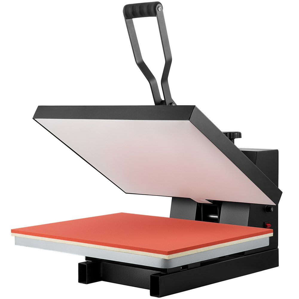 VEVOR heat press machine with open clamshell design, black frame, and orange heat platen pad