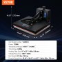 VEVOR heat press machine with dimensions, power details, and temperature range on a dark blue background.