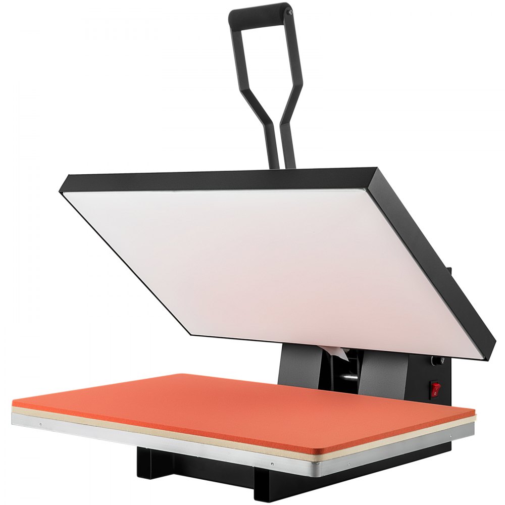 VEVOR heat press machine with open platen and black handle, showcasing orange non-stick surface.