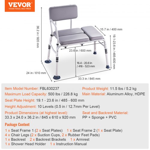 VEVOR Tub Transfer Bench for Bathtub 500lbs, Shower Seats for