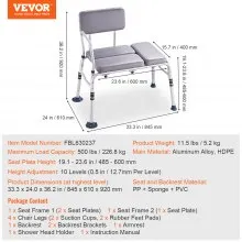 VEVOR Tub Transfer Bench for Bathtub 500lbs, Shower Seats for Adults, Lightweight Shower Bench for Elderly and Disabled with Padded Seat,  Non-Slip Bath Seats with Armrest and Reversible Backrest