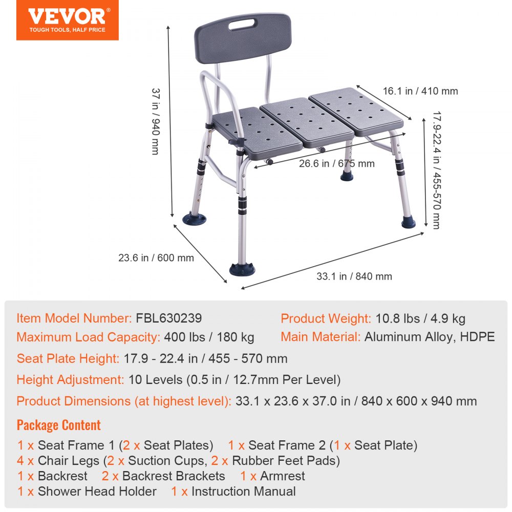 VEVOR tub transfer bench with adjustable height, aluminum alloy frame, and detailed dimensions.