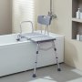 VEVOR tub transfer bench in a bathroom setting with a white bathtub and showerhead.