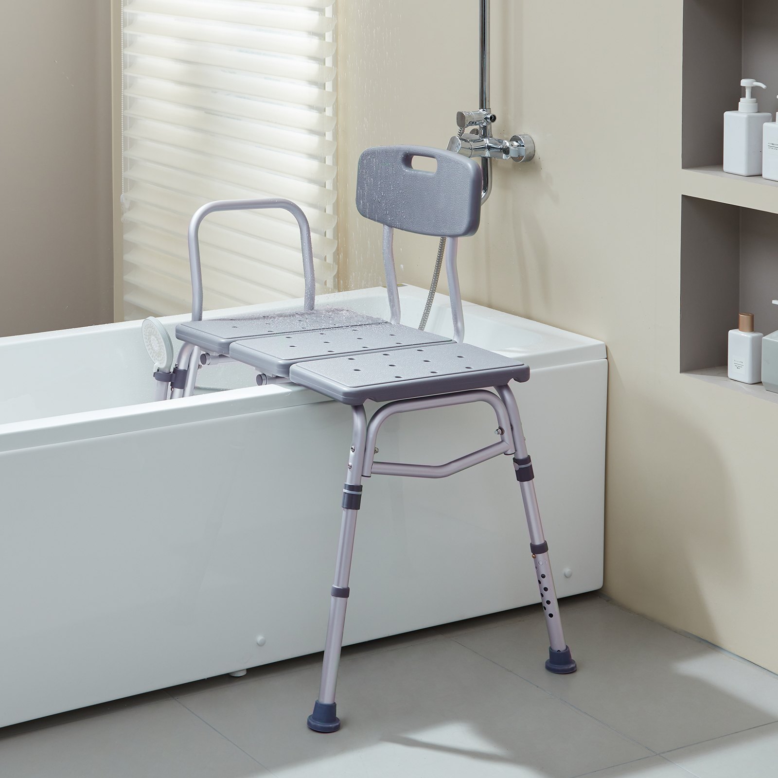 VEVOR tub transfer bench in a bathroom setting with a white bathtub and showerhead.
