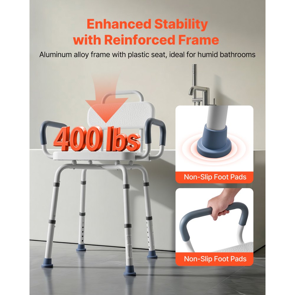 VEVOR Swivel Shower Chair with Arms and Back, 180 kg Load Heavy Duty Bench Seat for Inside Shower Stall and Bathtub, Height Adjustable Bathroom Bath Tub Seat for Adults, Seniors, Elderly and Disabled