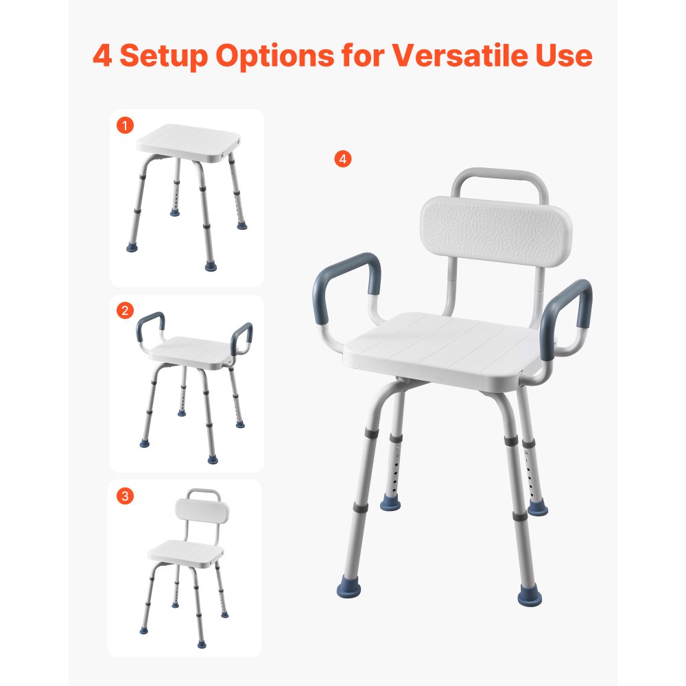 VEVOR Swivel Shower Chair with Arms and Back, 180 kg Load Heavy Duty Bench Seat for Inside Shower Stall and Bathtub, Height Adjustable Bathroom Bath Tub Seat for Adults, Seniors, Elderly and Disabled
