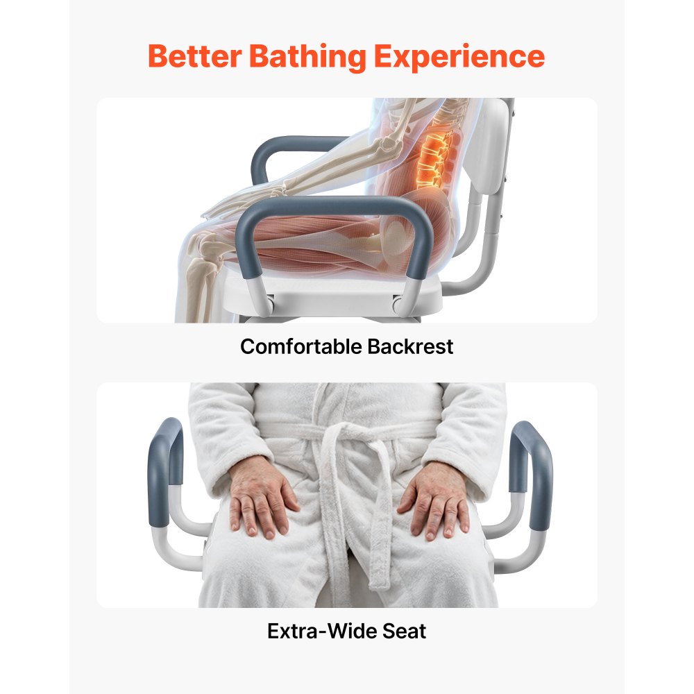 VEVOR Swivel Shower Chair with Arms and Back, 180 kg Load Heavy Duty Bench Seat for Inside Shower Stall and Bathtub, Height Adjustable Bathroom Bath Tub Seat for Adults, Seniors, Elderly and Disabled