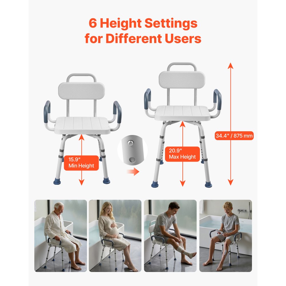 VEVOR Swivel Shower Chair with Arms and Back, 400 lbs Heavy Duty Bench Seat for Inside Shower Stall and Bathtub, Height Adjustable Bathroom Bath Tub Seat for Adults, Seniors, Elderly and Disabled