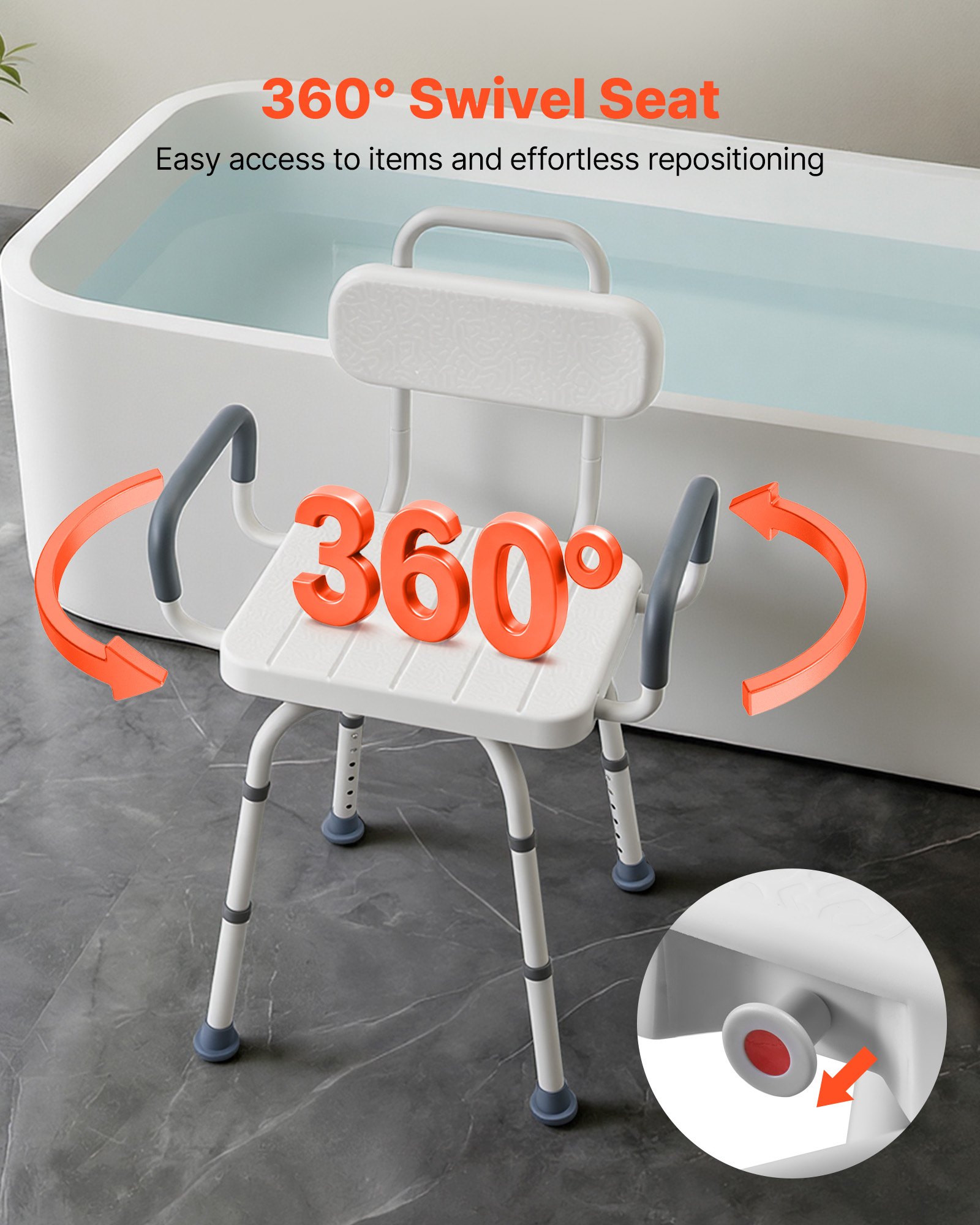 VEVOR Swivel Shower Chair with Arms and Back, 180 kg Load Heavy Duty Bench Seat for Inside Shower Stall and Bathtub, Height Adjustable Bathroom Bath Tub Seat for Adults, Seniors, Elderly and Disabled