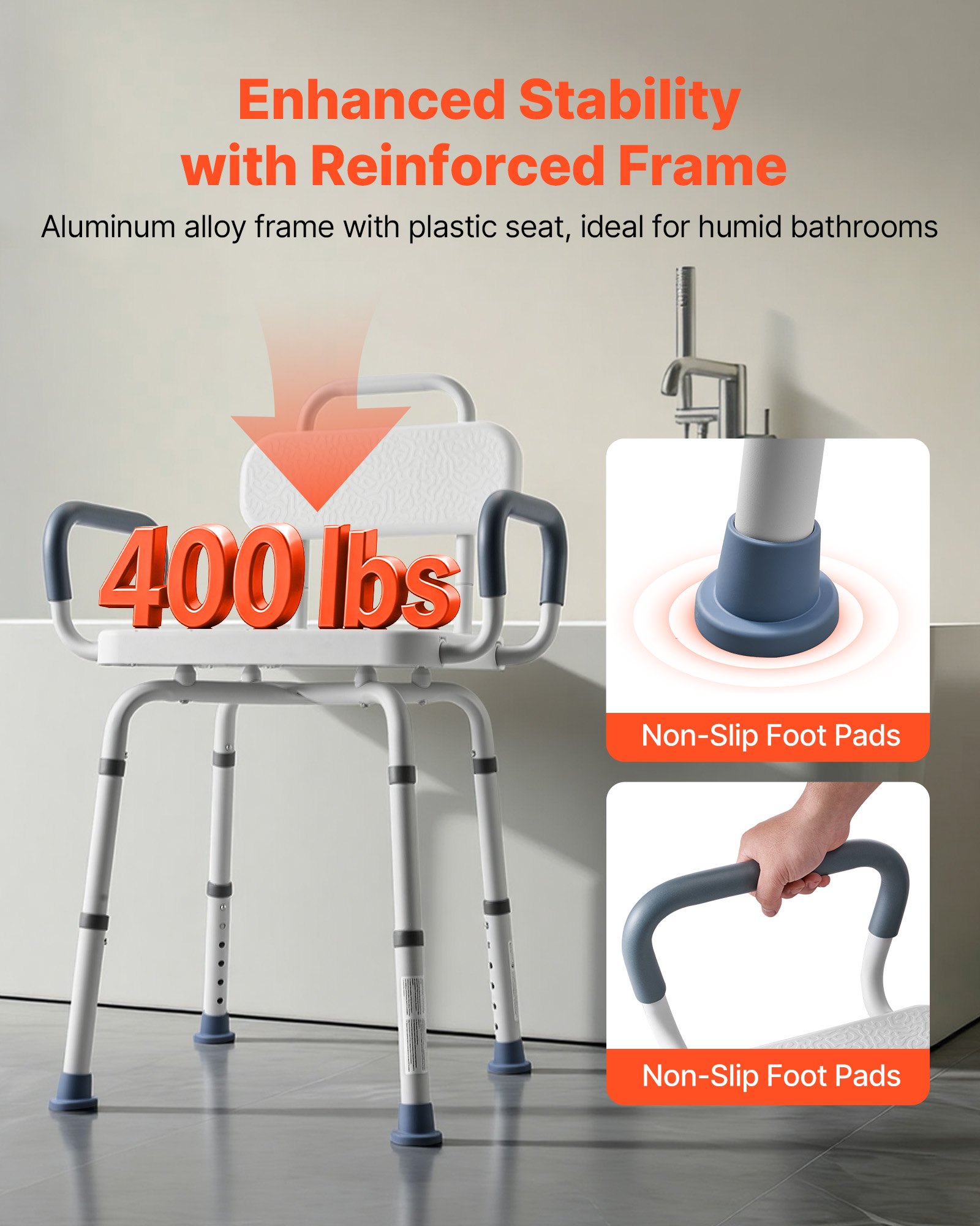 VEVOR Swivel Shower Chair with Arms and Back, 180 kg Load Heavy Duty Bench Seat for Inside Shower Stall and Bathtub, Height Adjustable Bathroom Bath Tub Seat for Adults, Seniors, Elderly and Disabled