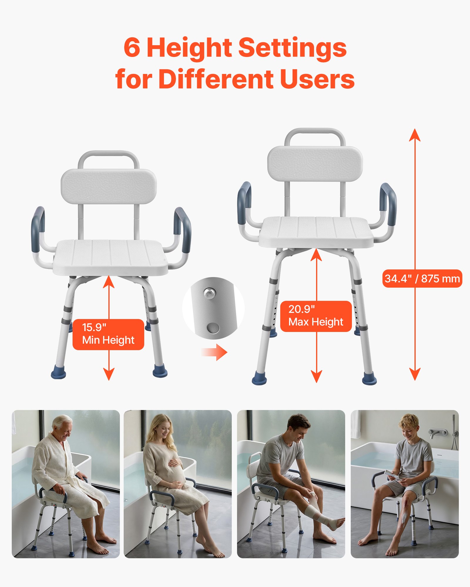 VEVOR Swivel Shower Chair with Arms and Back, 400 lbs Heavy Duty Bench Seat for Inside Shower Stall and Bathtub, Height Adjustable Bathroom Bath Tub Seat for Adults, Seniors, Elderly and Disabled