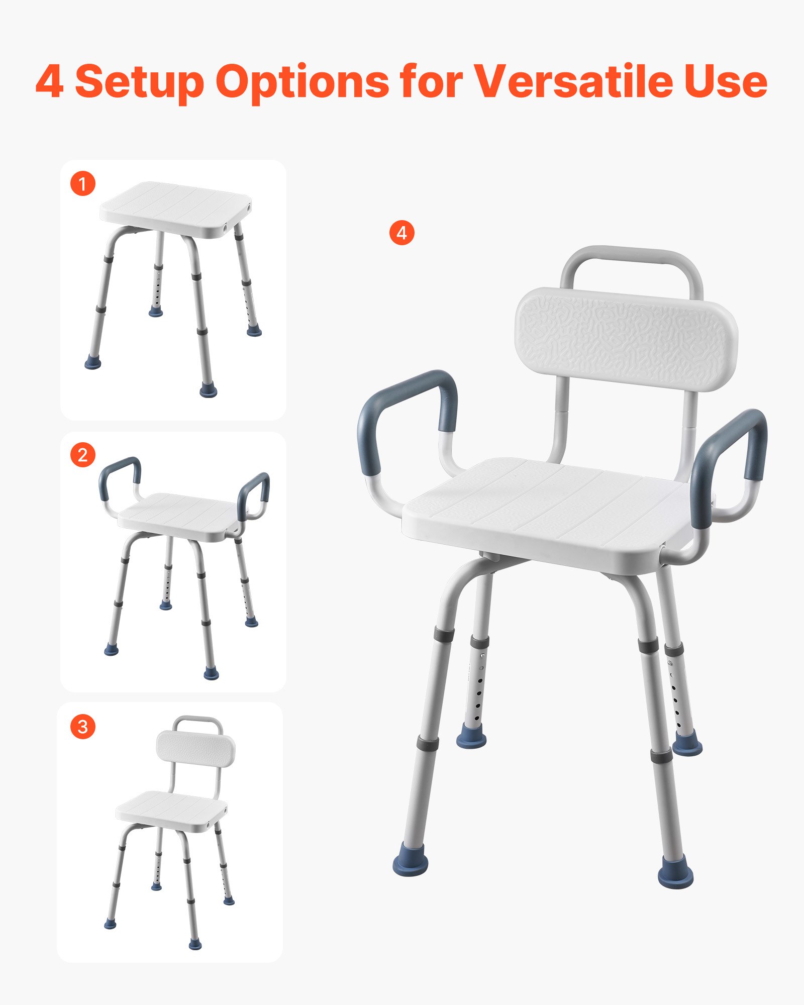 VEVOR Swivel Shower Chair with Arms and Back, 400 lbs Heavy Duty Bench Seat for Inside Shower Stall and Bathtub, Height Adjustable Bathroom Bath Tub Seat for Adults, Seniors, Elderly and Disabled