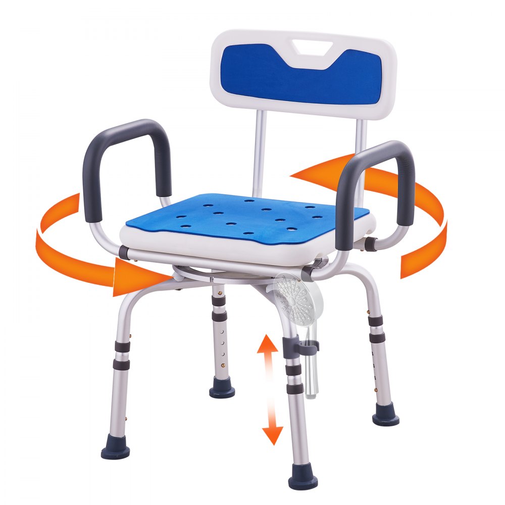 VEVOR shower chair with adjustable height, blue seat, armrests, and backrest with swivel feature.