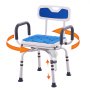 VEVOR shower chair with adjustable height, blue seat, armrests, and backrest with swivel feature.