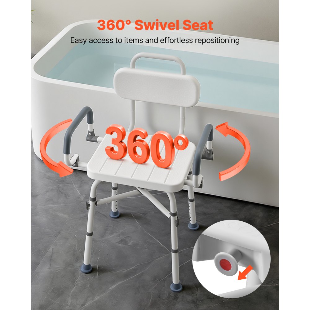 VEVOR Swivel Shower Chair with Arms and Back, 500 lbs Heavy Duty Bench Seat for Inside Shower Stall and Bathtub, Height Adjustable Bathroom Bath Tub Seat for Adults, Seniors, Elderly and Disabled