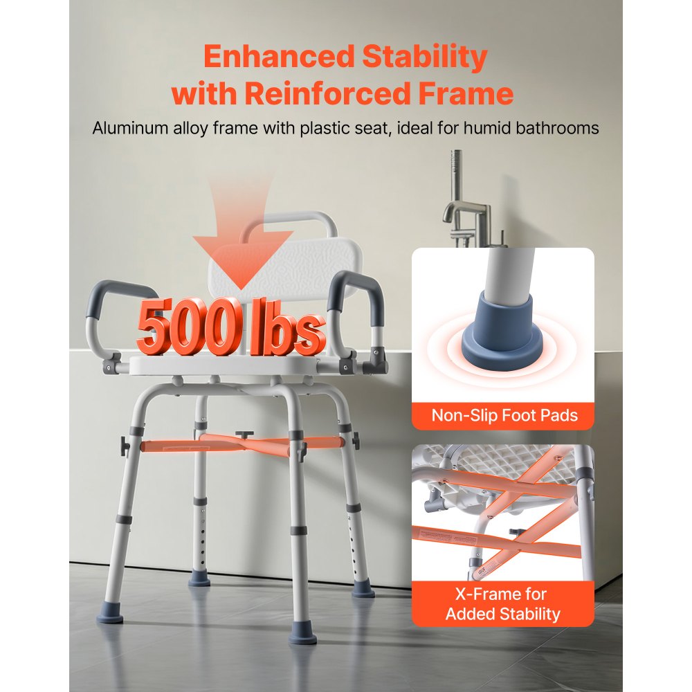 VEVOR Swivel Shower Chair with Arms and Back, 500 lbs Heavy Duty Bench Seat for Inside Shower Stall and Bathtub, Height Adjustable Bathroom Bath Tub Seat for Adults, Seniors, Elderly and Disabled